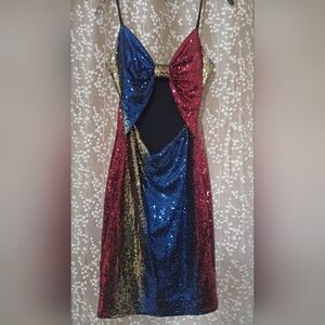 Papaya Multicolor Sequin Backless Dress in Blue, Red & Gold